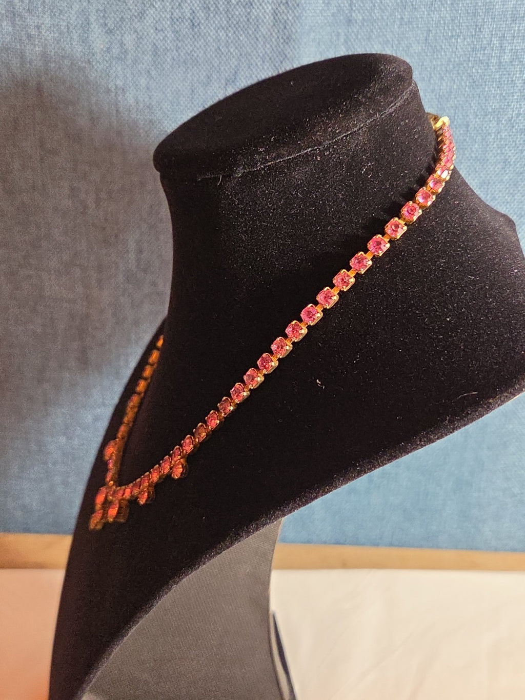 Fringe Necklace Pink Rhinestone Gold Tone Retro Glam