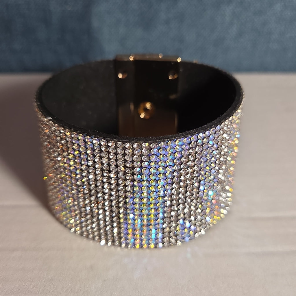 Rhinestone Wide Cuff Bracelet AB Crystal Gold Tone Y2K Glam Style NWOT