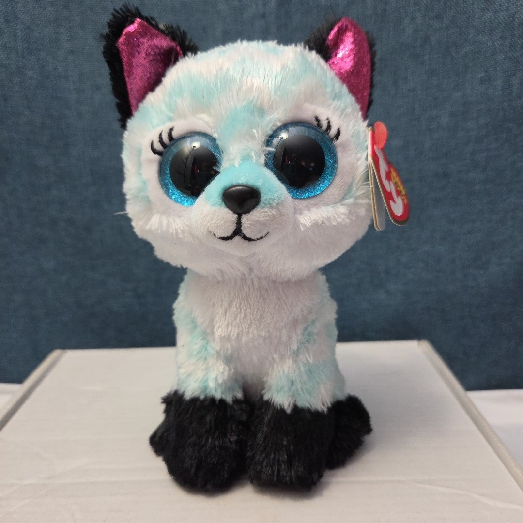 Ty Beanie Boos Atlas Aqua Chevron Fox 6" Plush Blue Glitter Eyes Retired MWMT