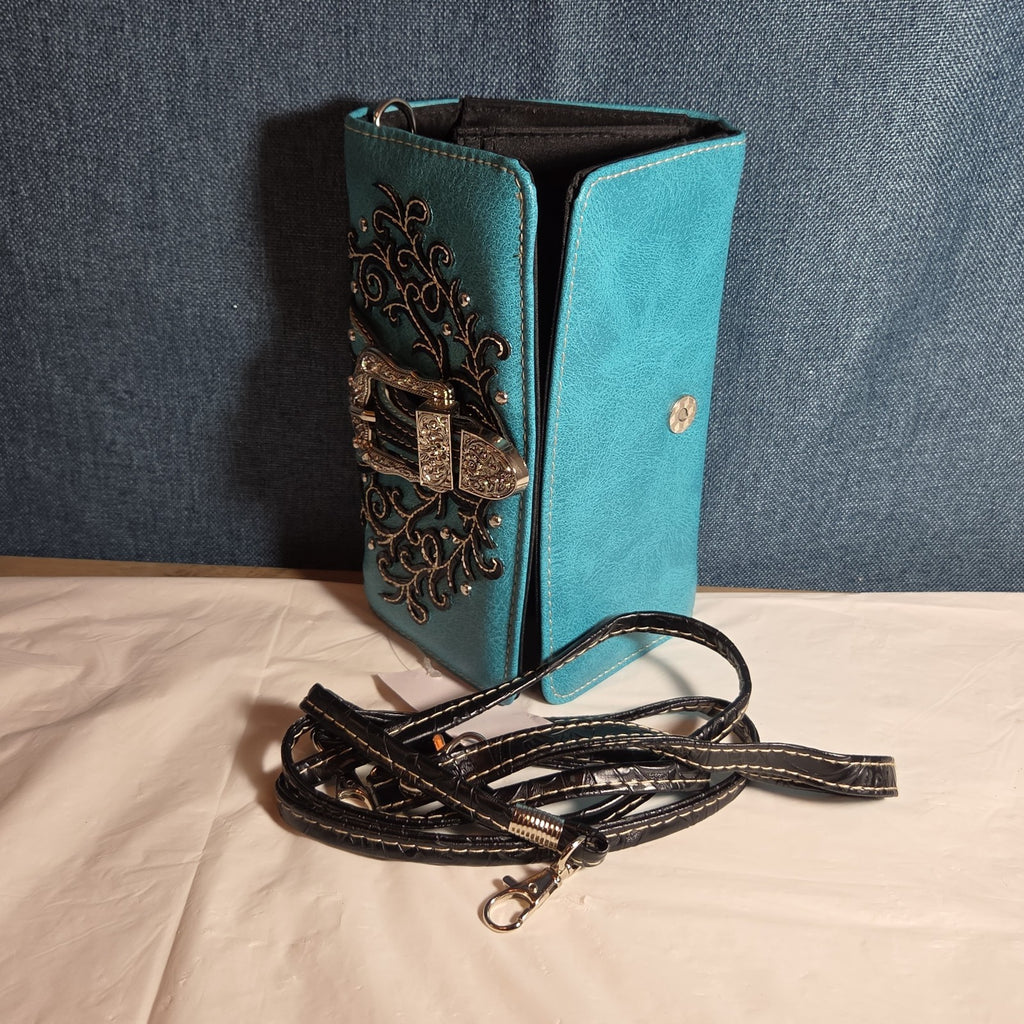 Turquoise Western Buckle Floral Trifold Crossbody Wallet NWT