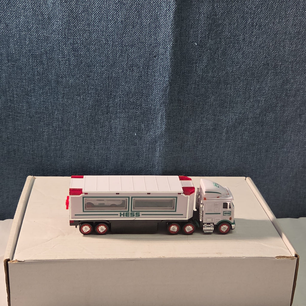 2021 Hess Mini Toy Truck Semi Hauler with Race Car White & Green Collectible