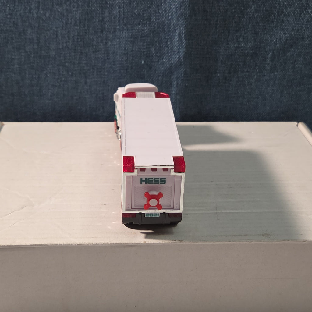 2021 Hess Mini Toy Truck Semi Hauler with Race Car White & Green Collectible
