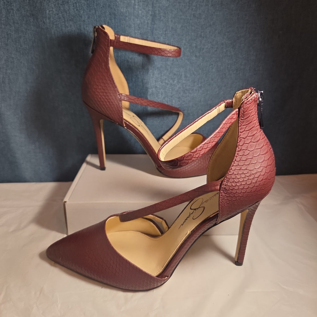 Jessica Simpson Wine Snakeskin Pumps 9M Ankle Strap Pointed Toe Zipper Heels 40