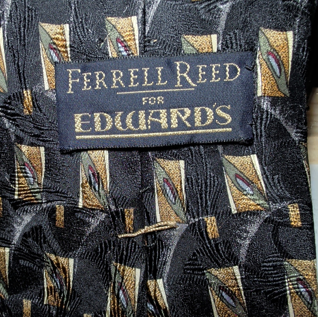 Vtg Ferrell Reed for Edwards Silk Neck Tie Black Gold Geometric Art Deco 59.5
