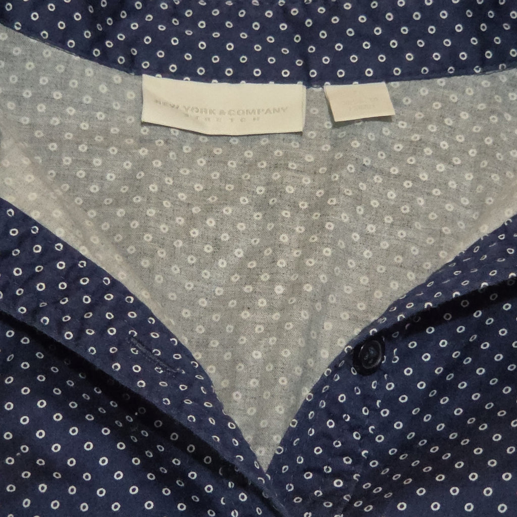 New York & Company Blouse Blue Polka Dot Button Down Office Wear Used Size L