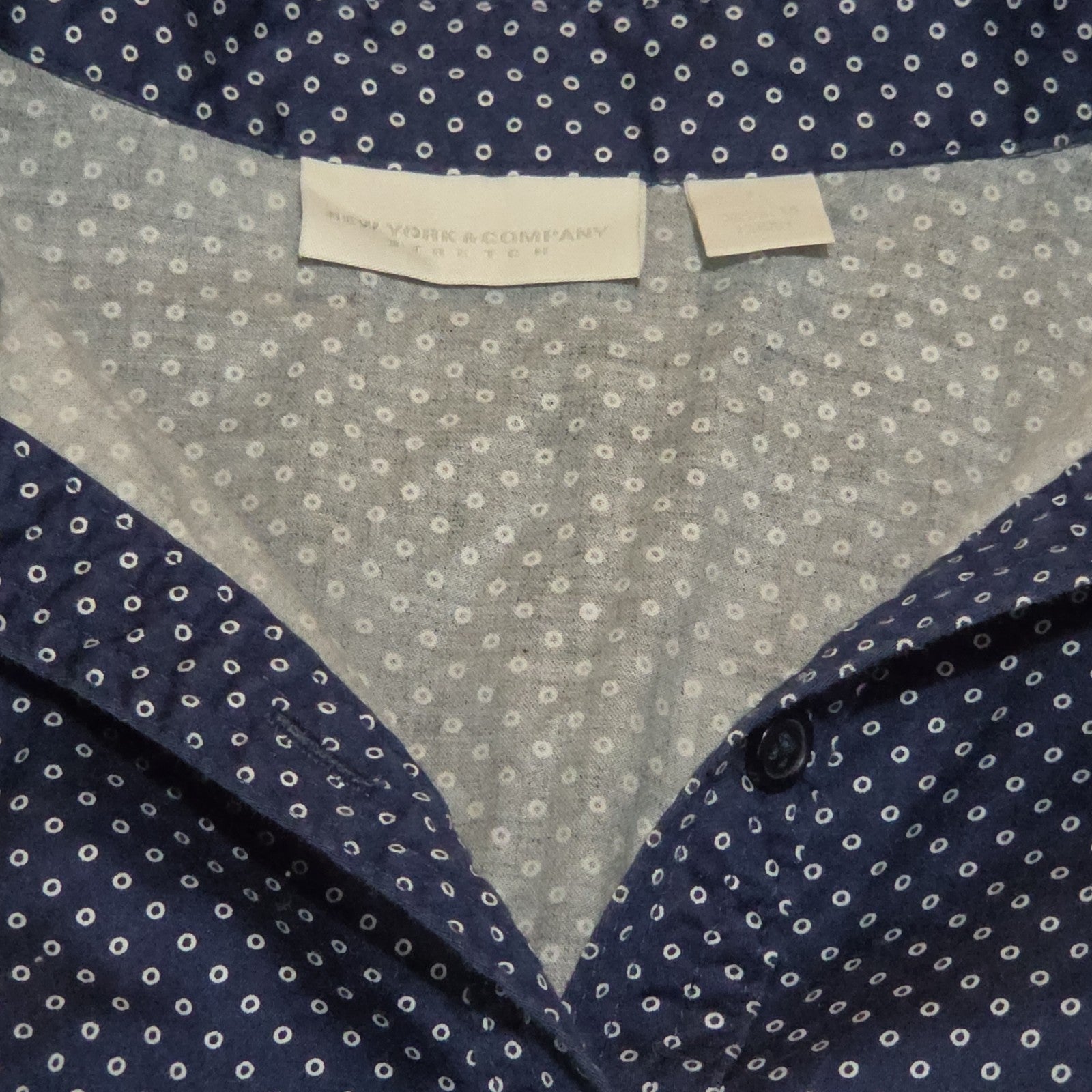 New York & Company Blouse Blue Polka Dot Button Down Office Wear Used Size L