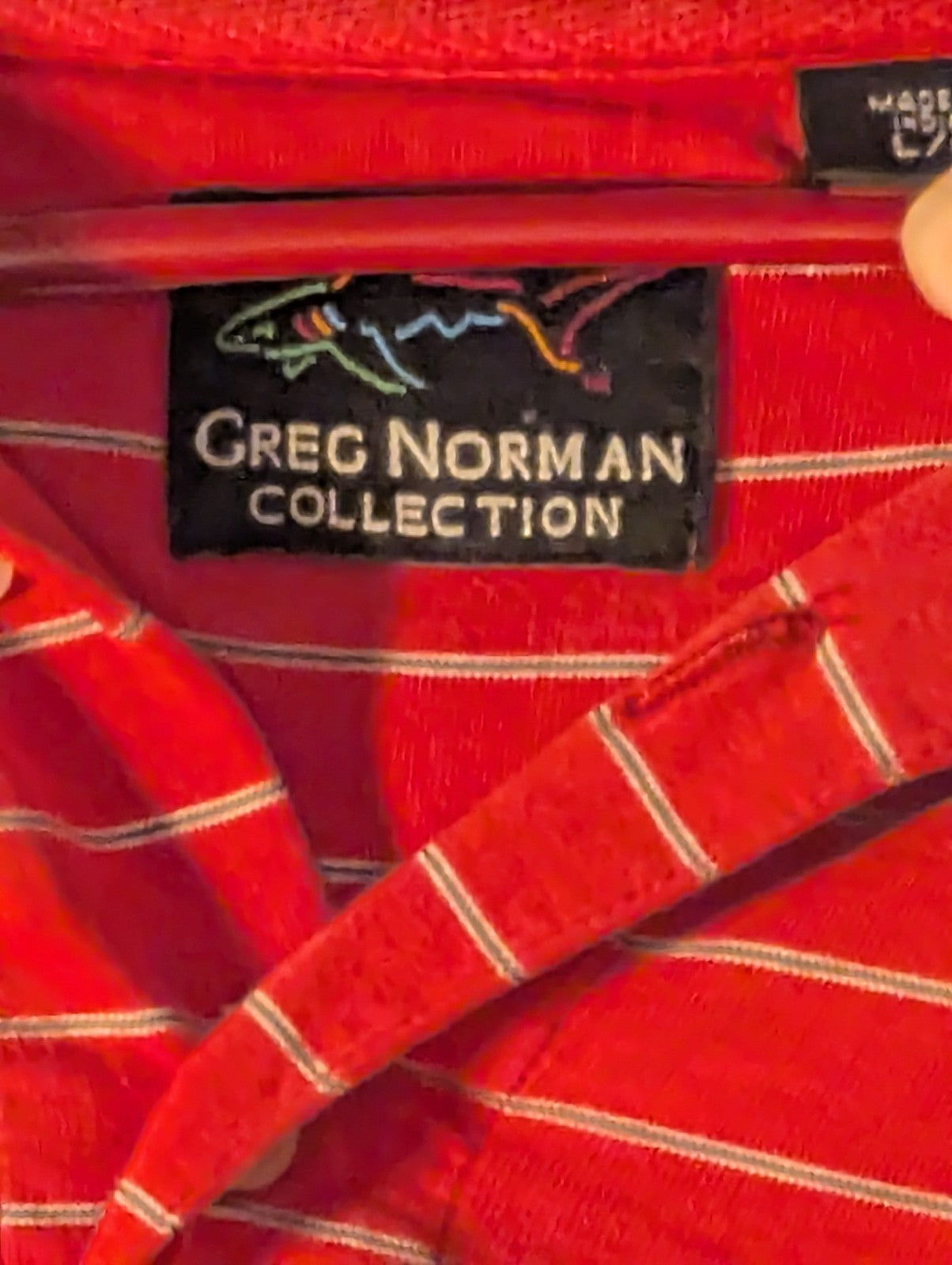Greg Norman Collection Men's L 100% Cotton Red White Stripe Golf Polo Shark Logo