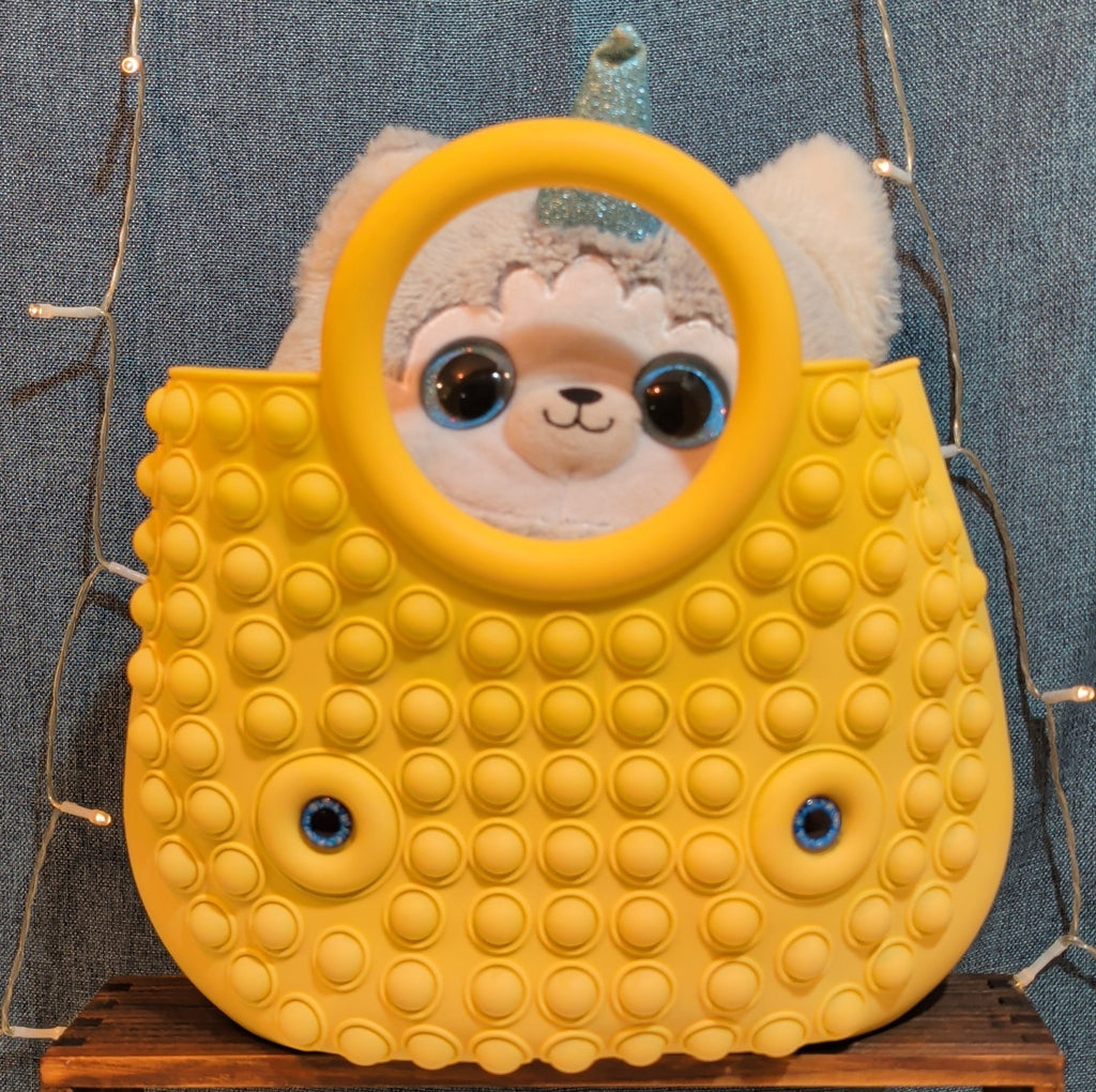 Large Yellow Pop Fidget Toy Silicone Handbag Tote Blue Eyes Kidcore