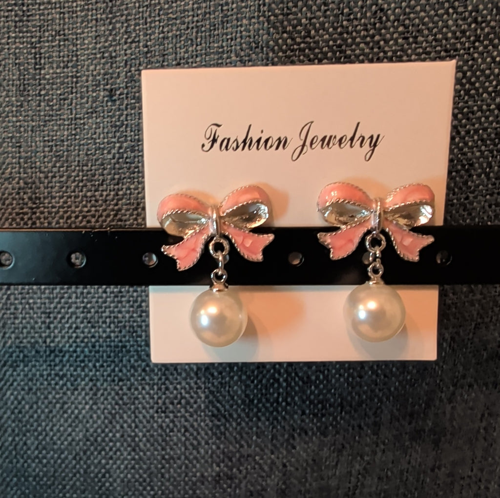 Pink Bow Pearl Drop Earrings Gold Plated Bowknot Cute Elegant Dangle Studs Gift