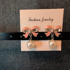 Pink Bow Pearl Drop Earrings Gold Plated Bowknot Cute Elegant Dangle Studs Gift