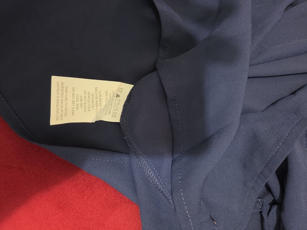 Michael Kors Blouse XL Navy Blue Zip Front Roll Tab Sleeve Shirt Gently Used
