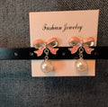 Pink Bow Pearl Drop Earrings Gold Plated Bowknot Cute Elegant Dangle Studs Gift