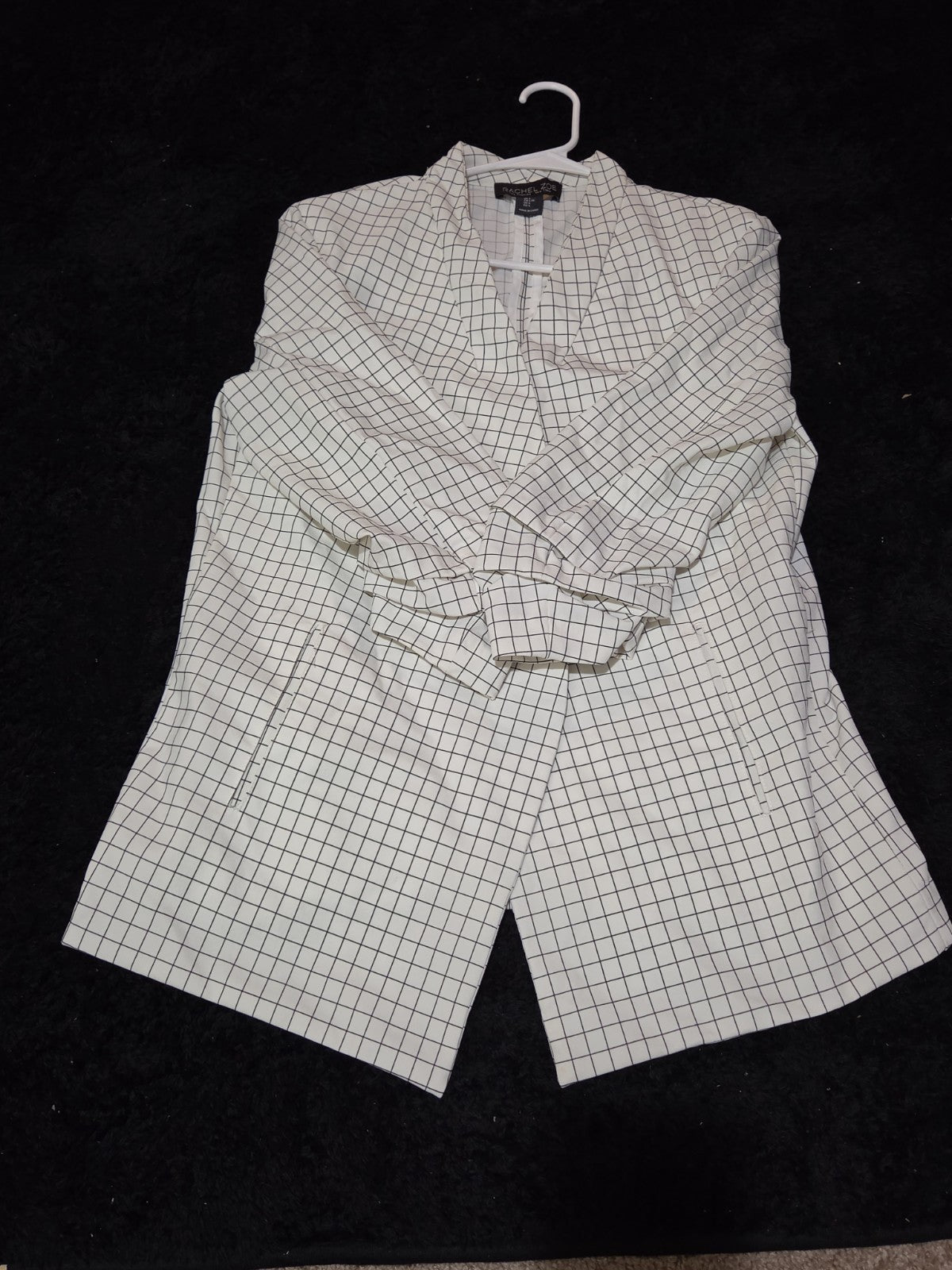 Rachel Zoe Open Front Blazer Women's S White Black Check 3/4 Sleeve Ruche Size L
