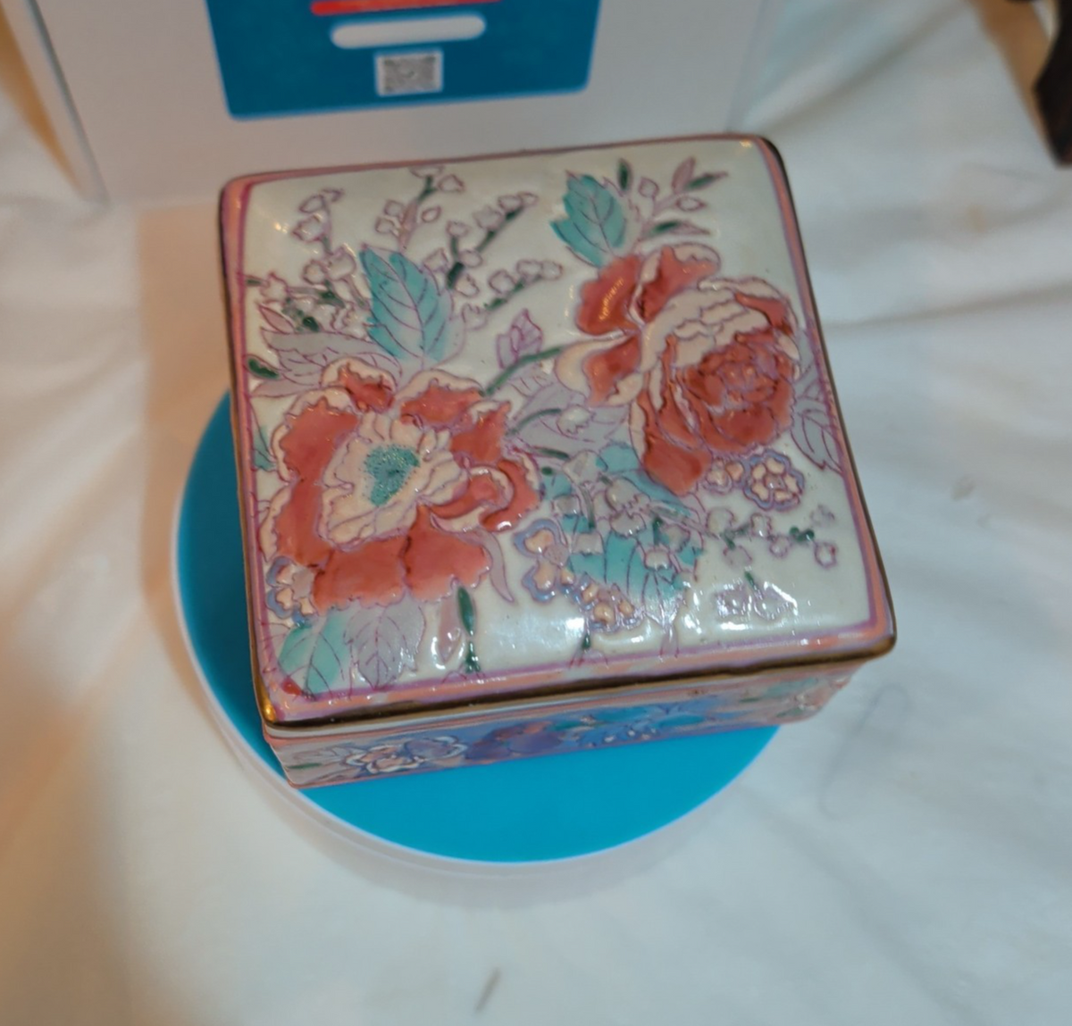 Vintage Pink Floral Porcelain Square Trinket Box Grandmillennial PreOwned