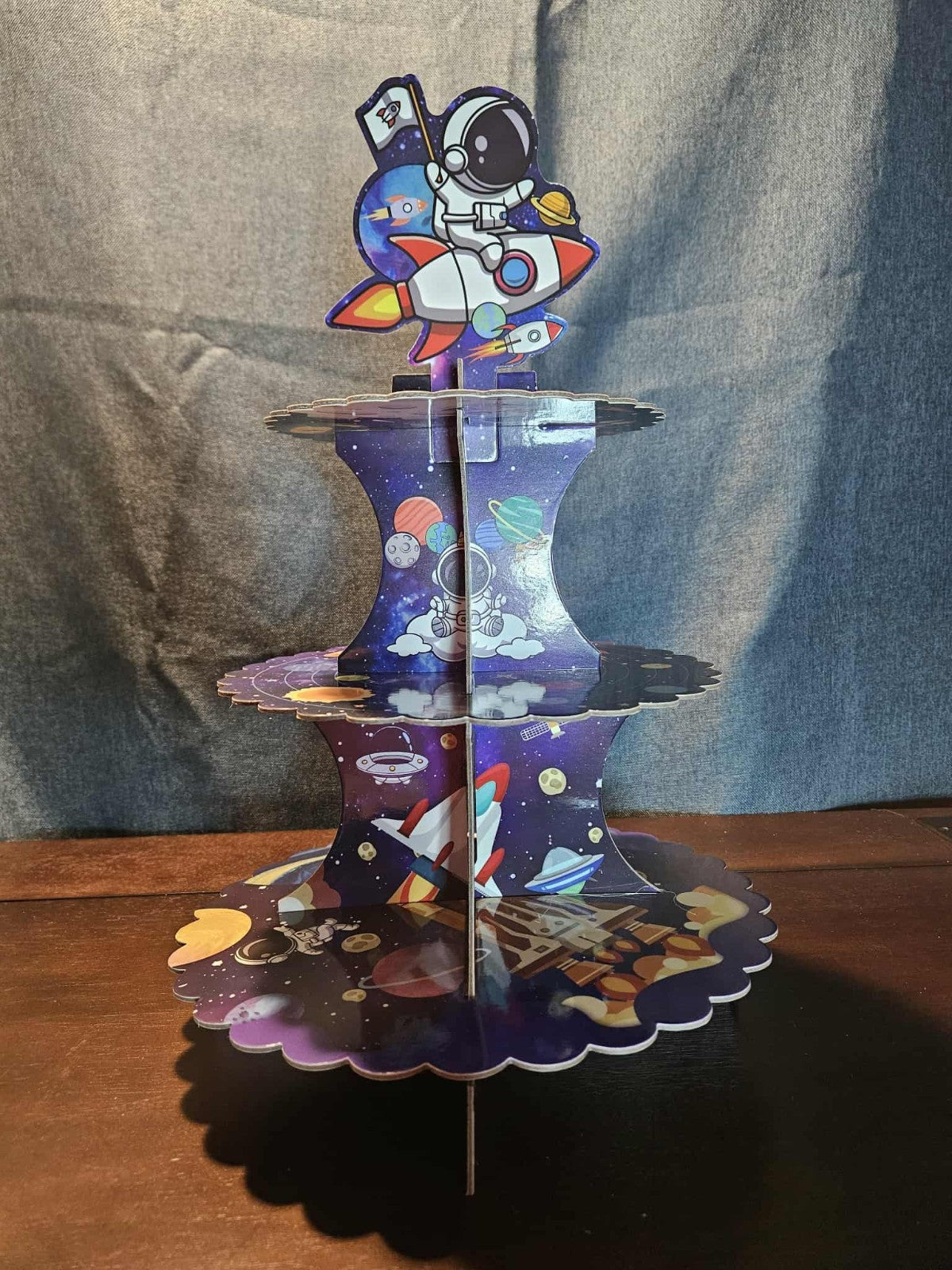 Outer Space 3-Tier Cupcake Stand LED Light Rocket Astronaut Birthday Party Decor
