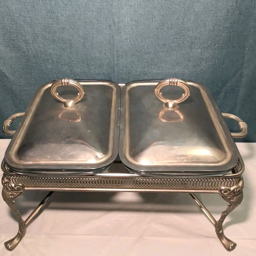 Silver Plated Double Chafer 8 Qt Buffet Server 2 Marinex Glass Pans Lion Feet