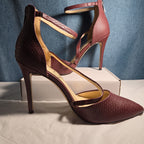 Jessica Simpson Wine Snakeskin Pumps 9M Ankle Strap Pointed Toe Zipper Heels 40