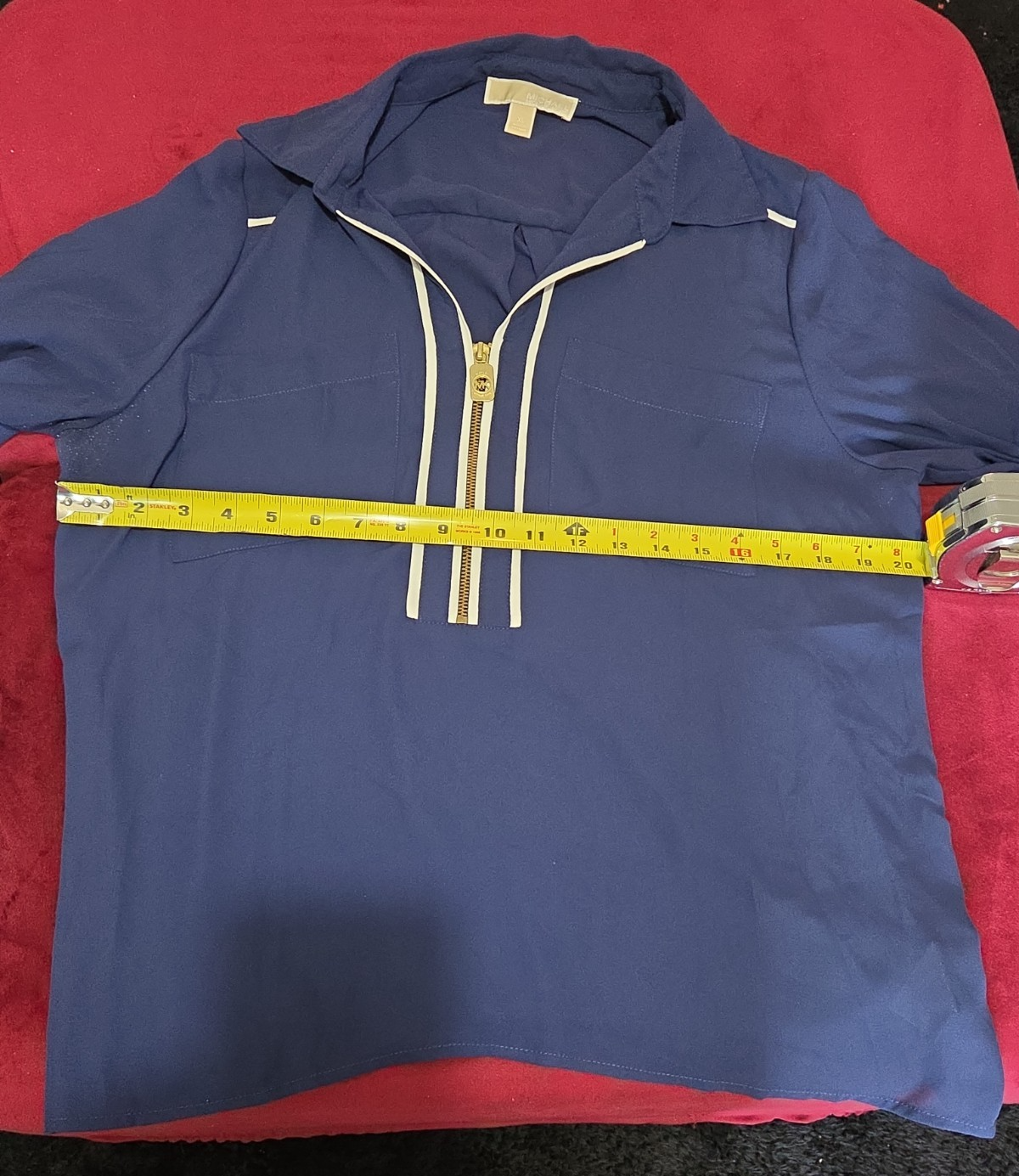 Michael Kors Blouse XL Navy Blue Zip Front Roll Tab Sleeve Shirt Gently Used
