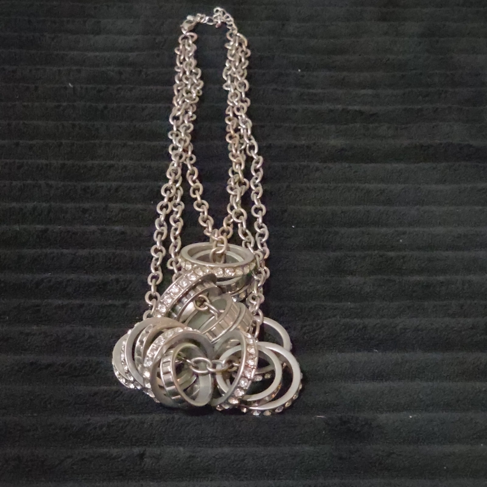 NY Collection Silver Tone Triple Chain Rhinestone Ring Cluster Necklace