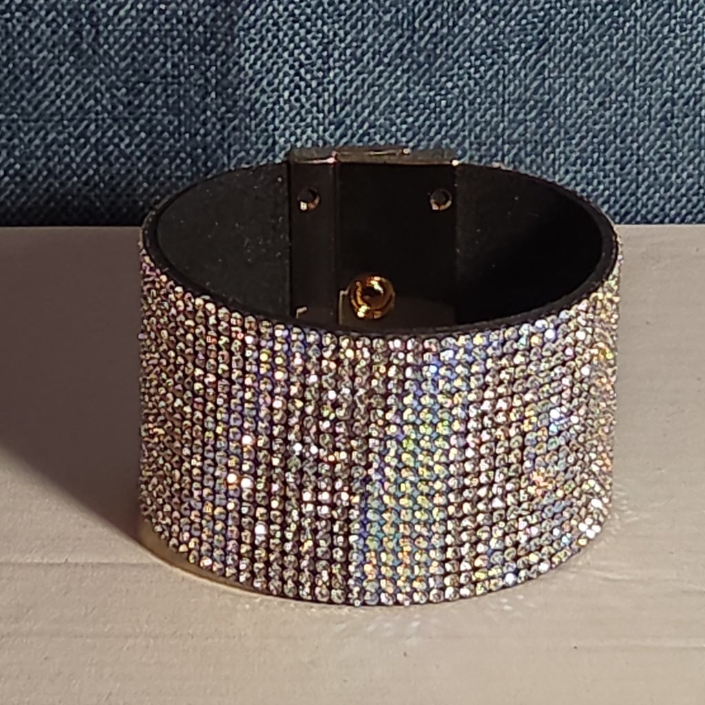 Rhinestone Wide Cuff Bracelet AB Crystal Gold Tone Y2K Glam Style NWOT