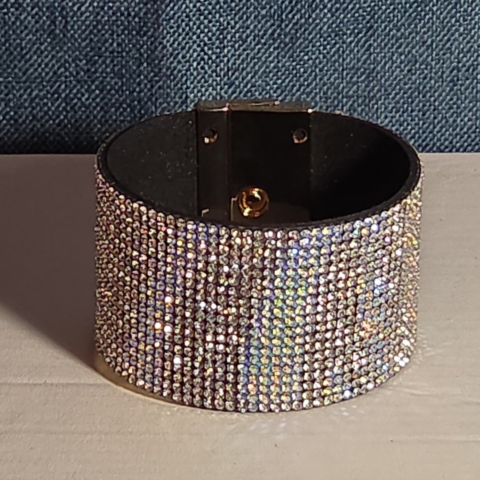 Rhinestone Wide Cuff Bracelet AB Crystal Gold Tone Y2K Glam Style NWOT