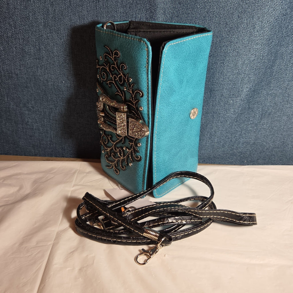 Turquoise Western Buckle Floral Trifold Crossbody Wallet NWT