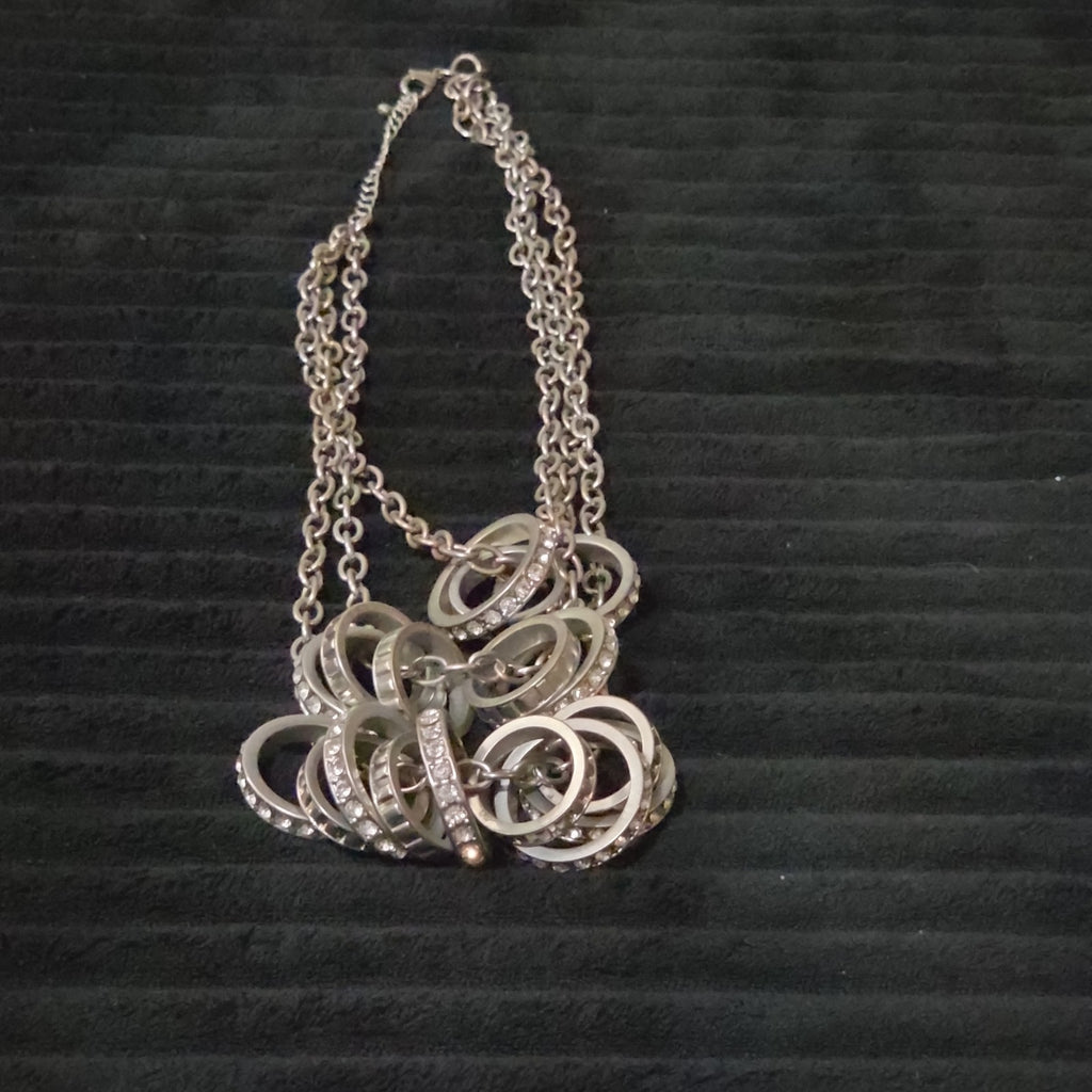 NY Collection Silver Tone Triple Chain Rhinestone Ring Cluster Necklace