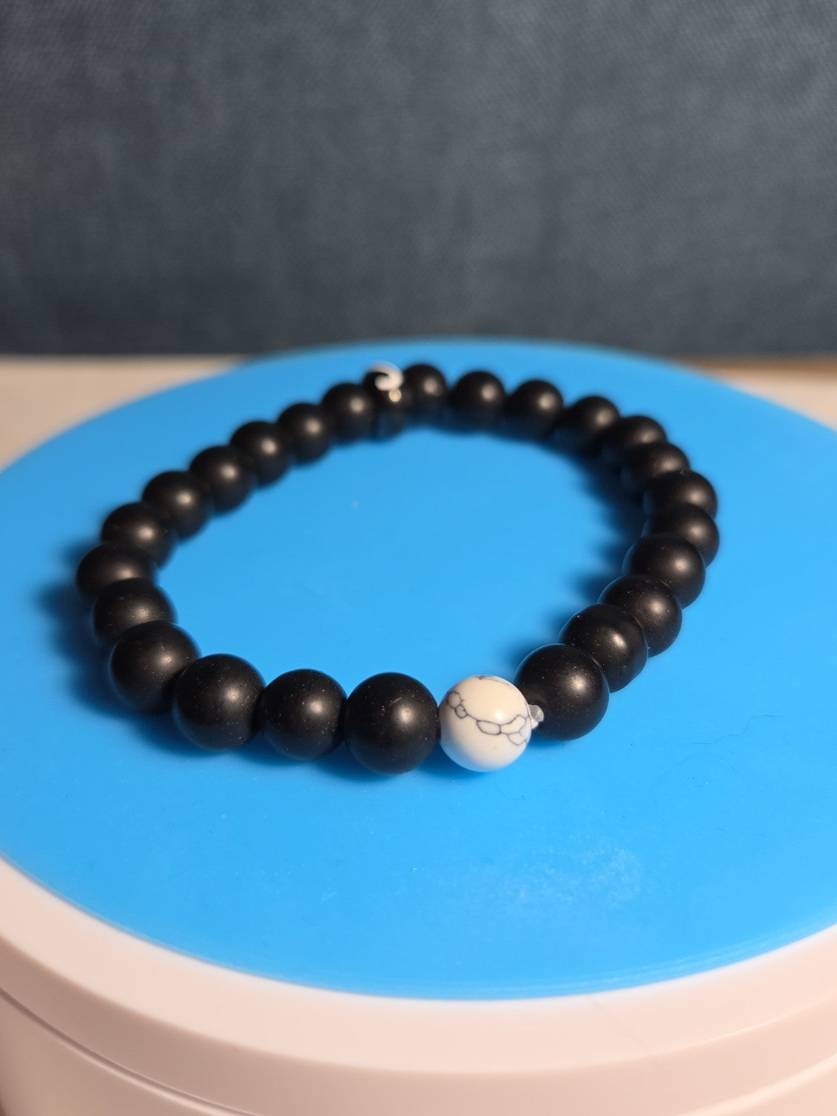 Natural Stone Bead Stretch Bracelet Matte Black White Howlite