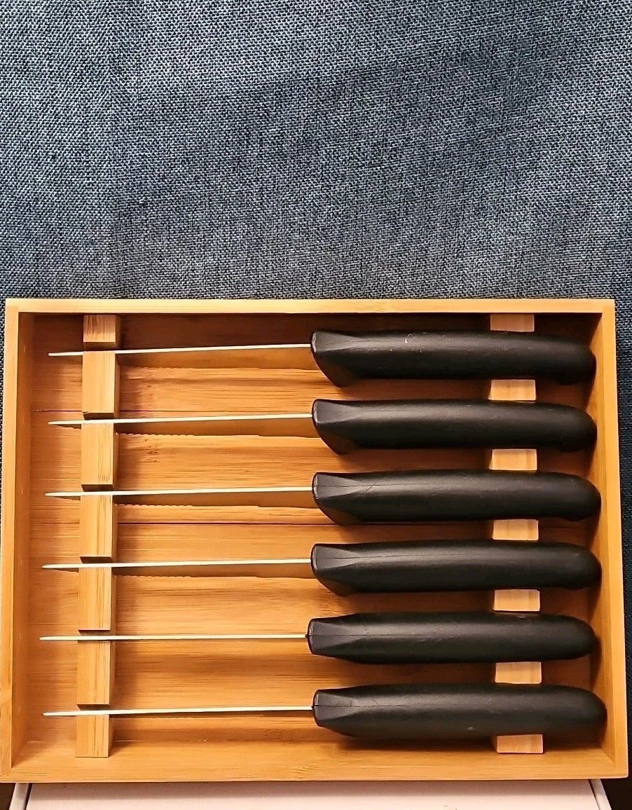 6 Gibson Steak Knives | 4.5" Serrated Stainless Steel | Wood Storage Block Tray