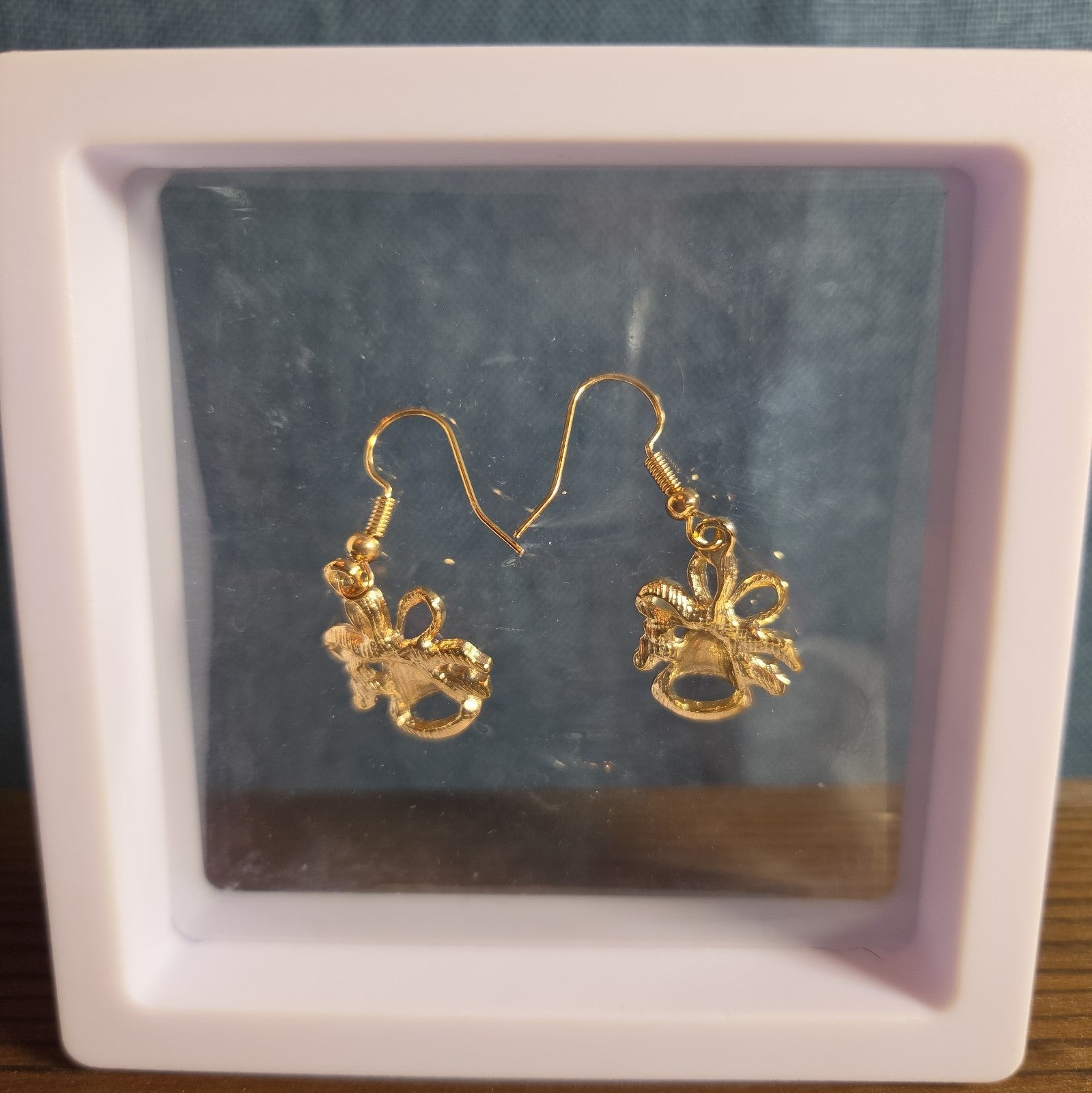 Gold Christmas Bells Drop Earrings 3/4" Red Enamel