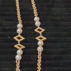 Vintage Gold Tone Geometric Necklace Long Pearl Station Diamond Link Chain 32"
