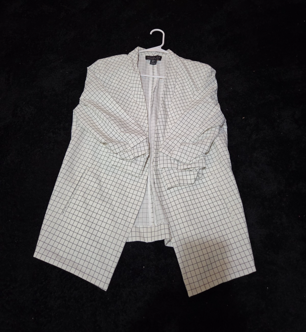 Rachel Zoe Open Front Blazer Women's S White Black Check 3/4 Sleeve Ruche Size L