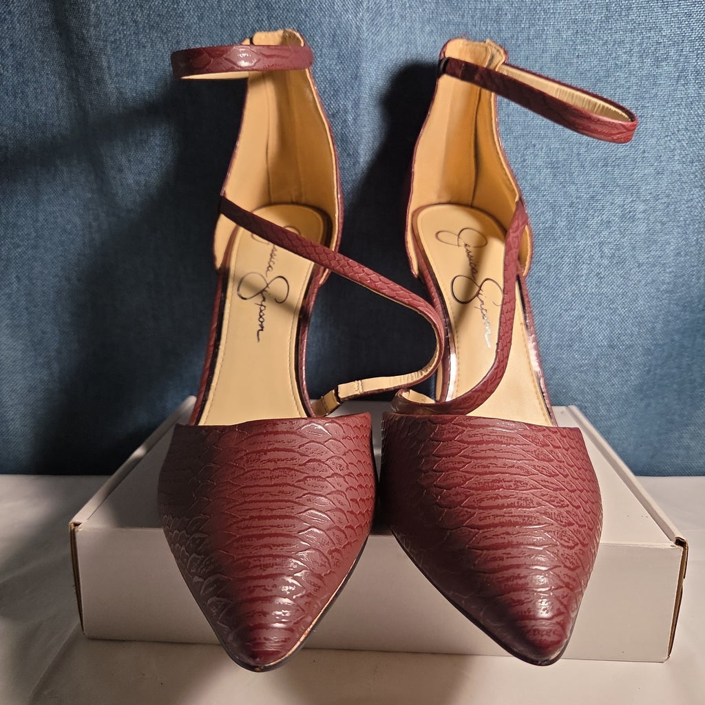 Jessica Simpson Wine Snakeskin Pumps 9M Ankle Strap Pointed Toe Zipper Heels 40