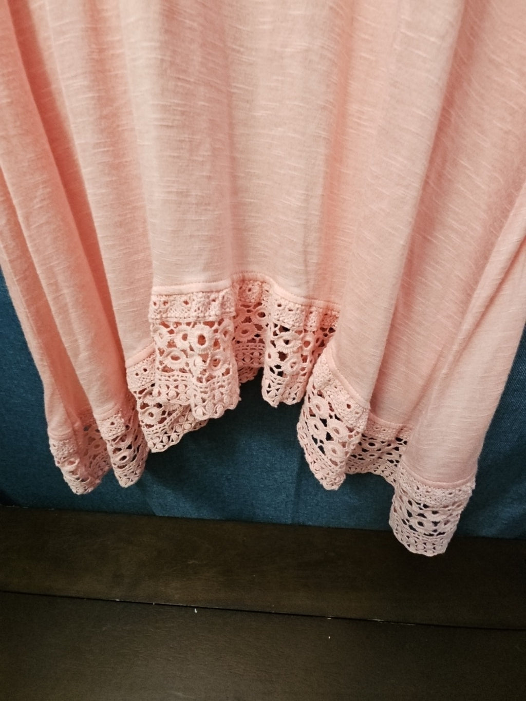 Indigo Soul Boho Tunic Top Large Pink Rayon Crochet Lace Sharkbite Hem Lagenlook