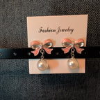 Pink Bow Pearl Drop Earrings Gold Plated Bowknot Cute Elegant Dangle Studs Gift