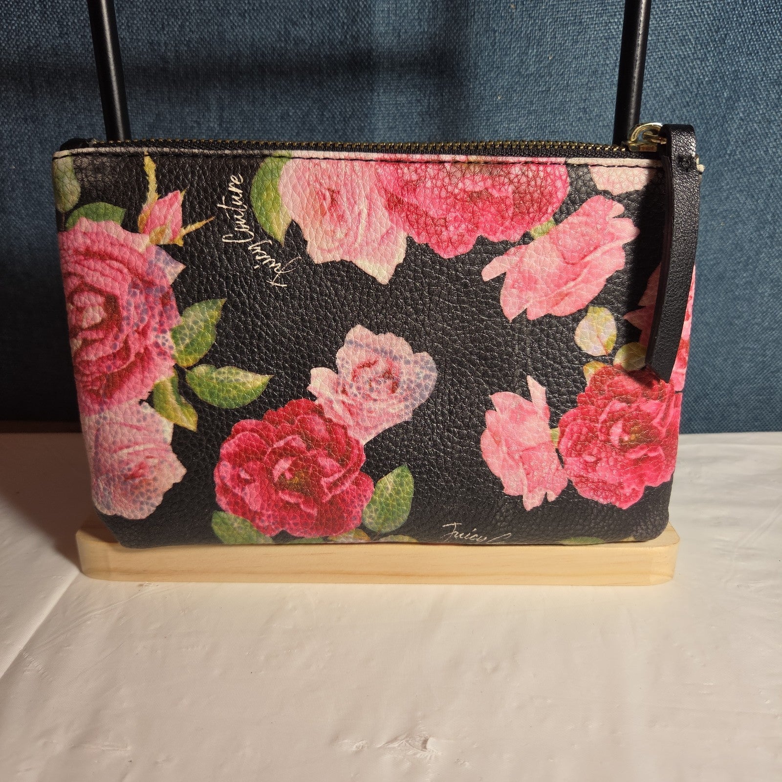 Juicy Couture Rose Floral Zipper Pouch Card Holder Black Pink Y2K