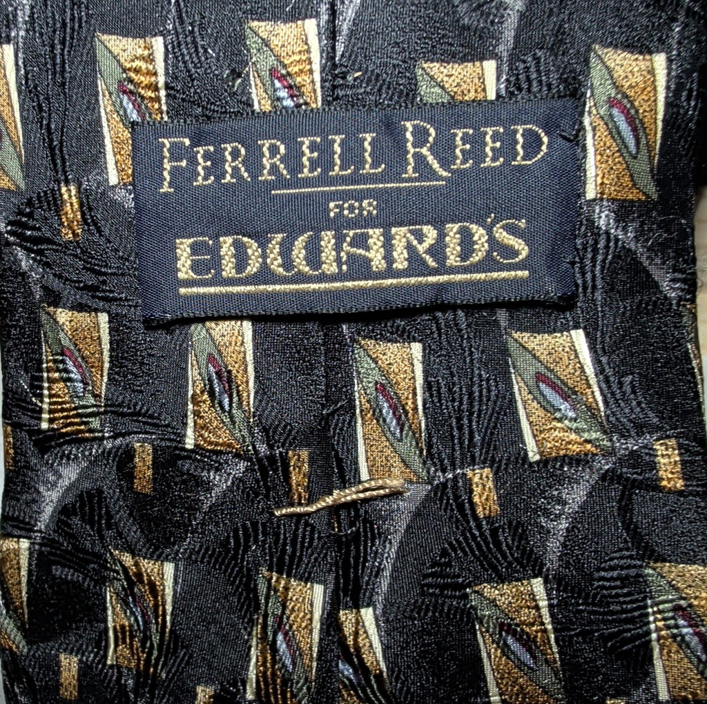 Vtg Ferrell Reed for Edwards Silk Neck Tie Black Gold Geometric Art Deco 59.5