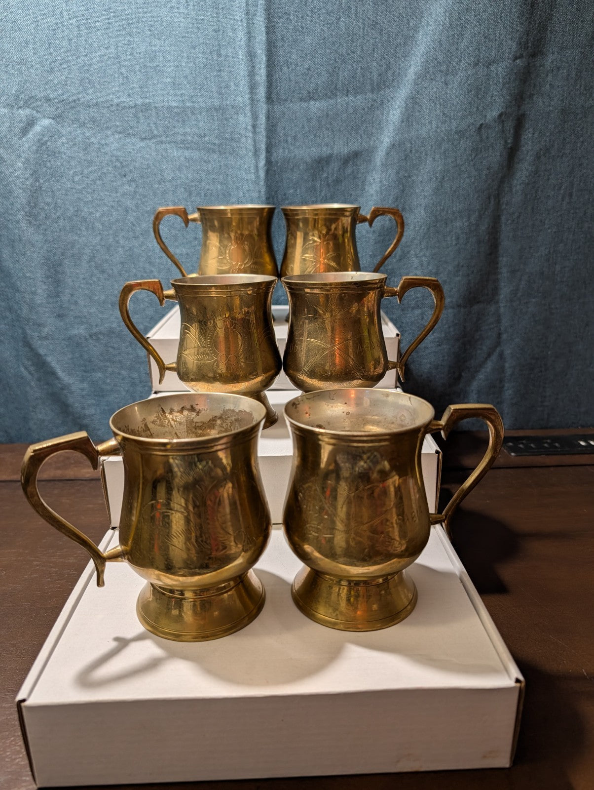 6 Vintage Etched Brass Mugs | Saudi Souvenir Goblets | Schree Amber  & Co.