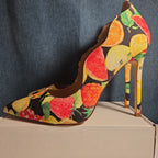 Liliana Fruit Print Pumps 8.5 Scalloped Stiletto Heels Watercolor Fruit Salad