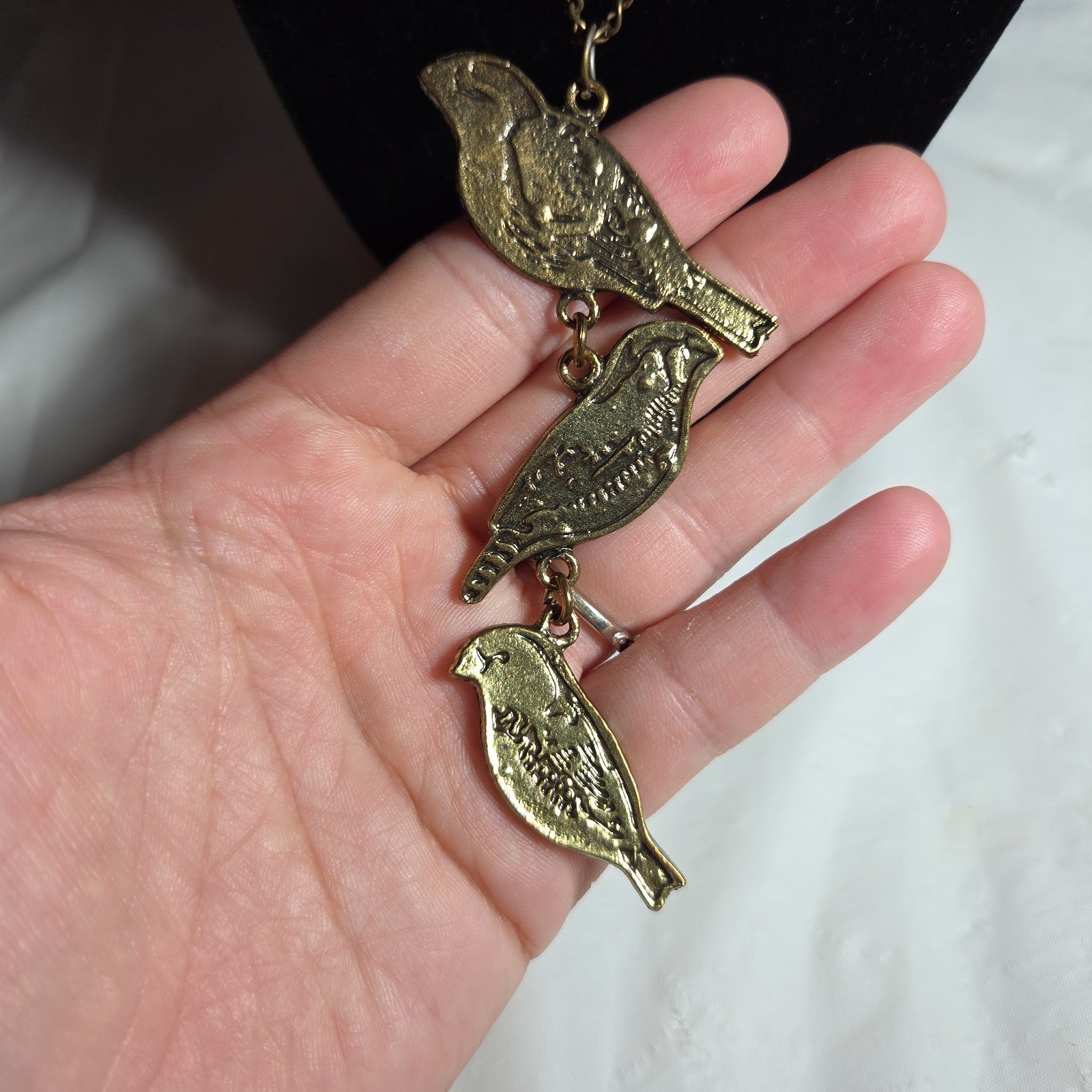 3 Birds Drop Pendant Necklace Brass Tone Long Chain Boho