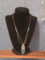 Lia Sophia Blue Bead Double Loop Necklace Antique Gold Tone Boho