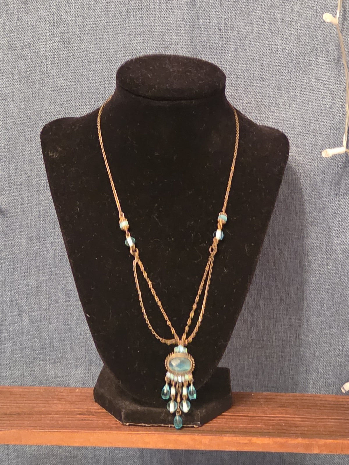 Lia Sophia Blue Bead Double Loop Necklace Antique Gold Tone Boho