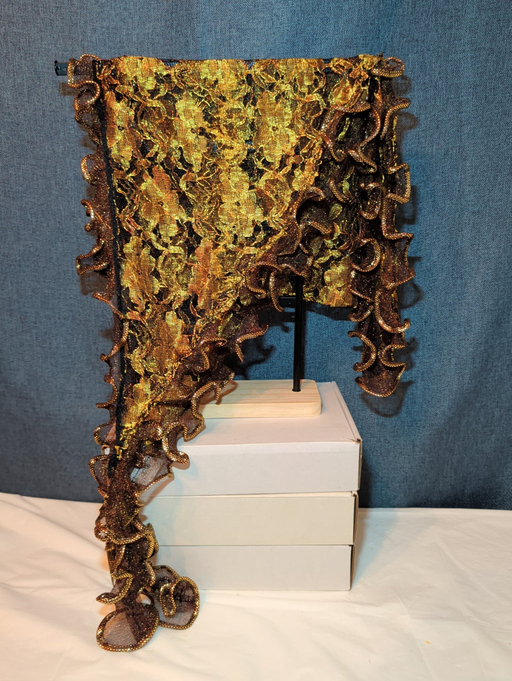 Laurena by LJL Metallic Lace Scarf Wrap Henna Rust Ruffled Boho NWT 63x23