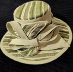Carissimo Green Striped Wide Brim Church Derby Hat Bow Ribbon Vintage