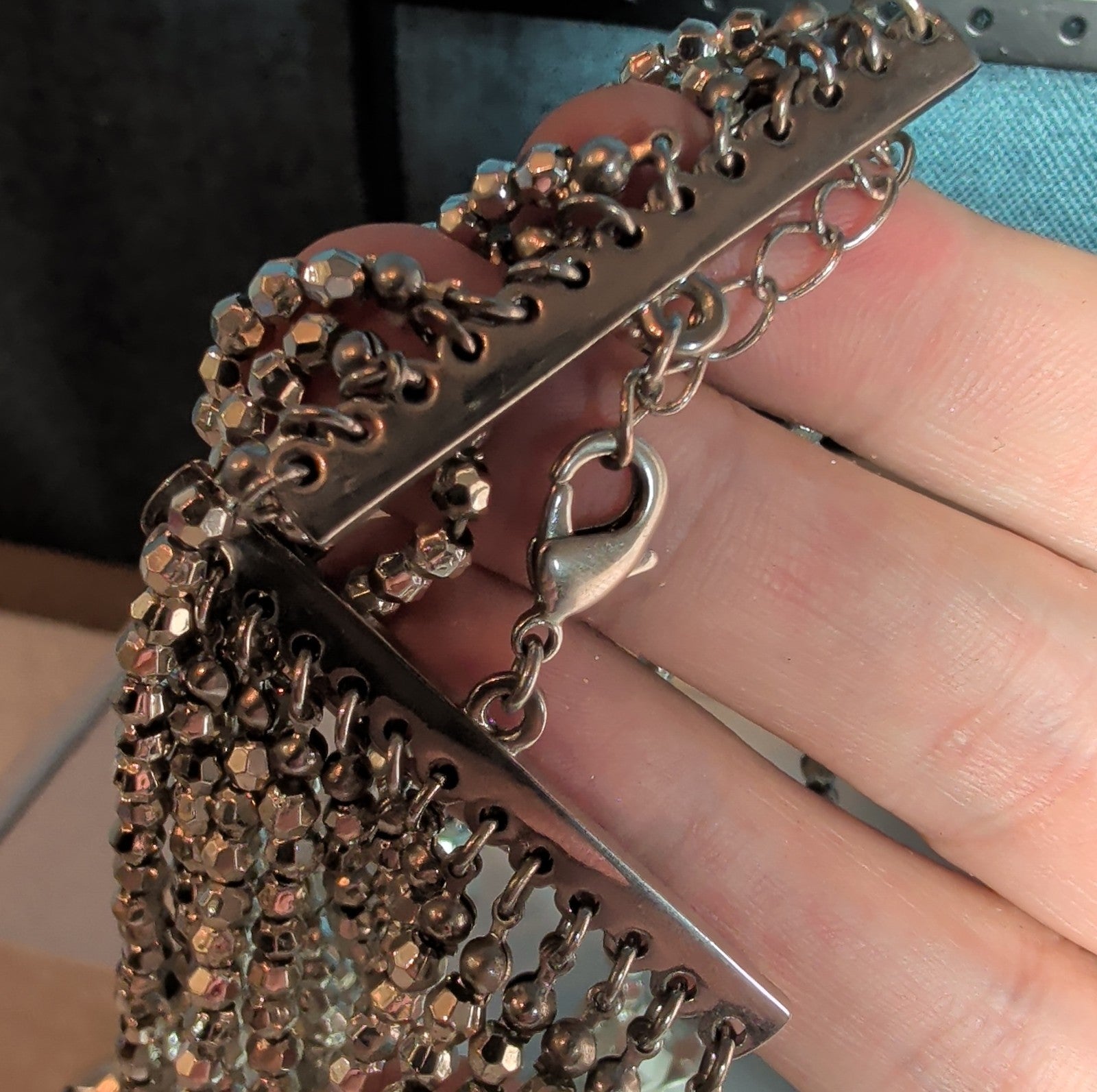 Multi Strand Silver Tone Beaded Statement Necklace Glam