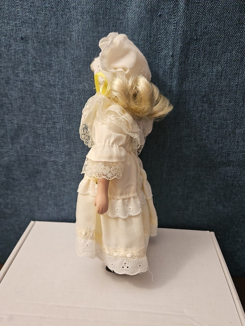 Vintage 8" Porcelain Doll | Blonde with Bonnet & Ruffled Dress