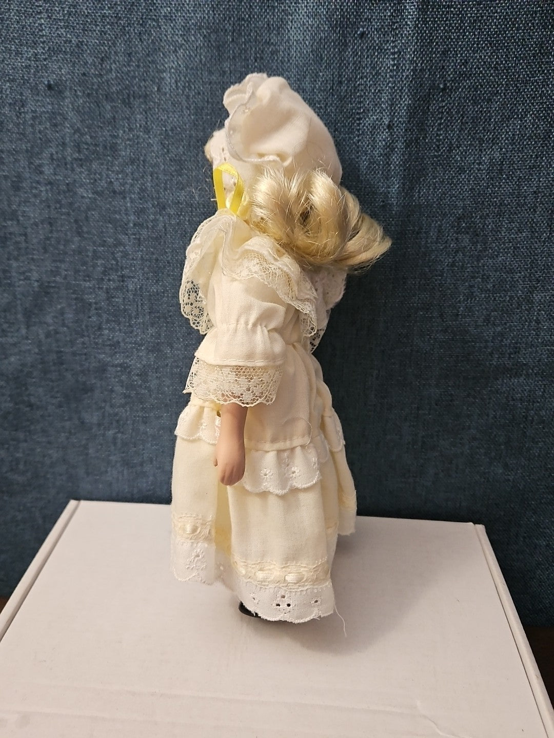 Vintage 8" Porcelain Doll | Blonde with Bonnet & Ruffled Dress
