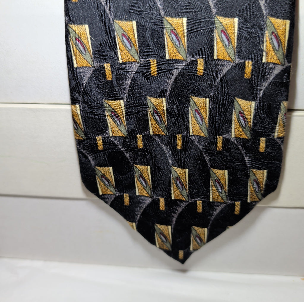 Vtg Ferrell Reed for Edwards Silk Neck Tie Black Gold Geometric Art Deco 59.5