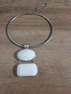 White Stone Pendant Silver Tone Omega Collar Choker Statement Necklace