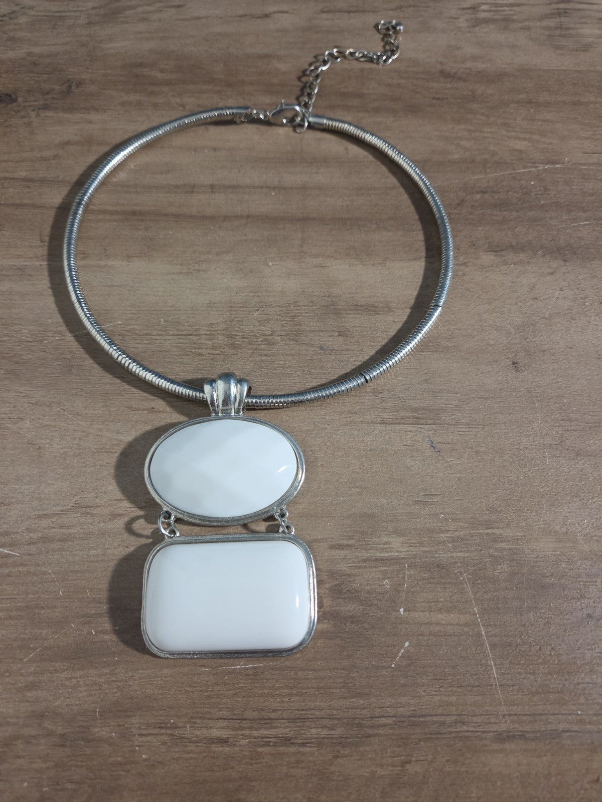 White Stone Pendant Silver Tone Omega Collar Choker Statement Necklace